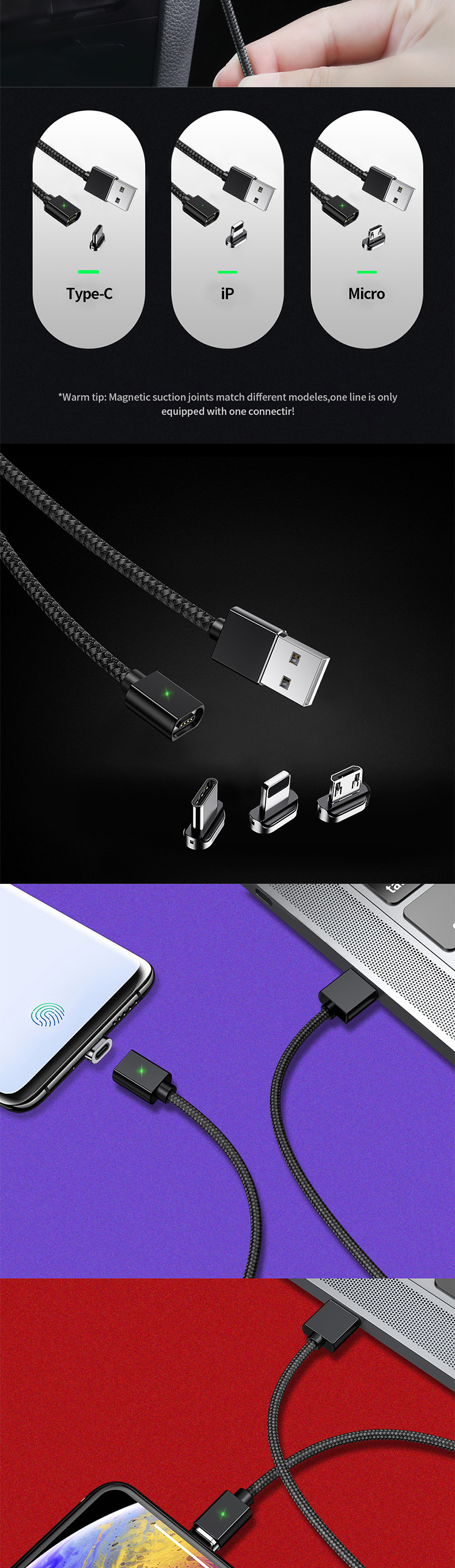 Marjay 3A Type C Micro USB Magnetic LED Indicator Data Cable For Huawei P30 Pro Mate 30 Mi9 7A 6Pro 9Pro S10+ Note10
