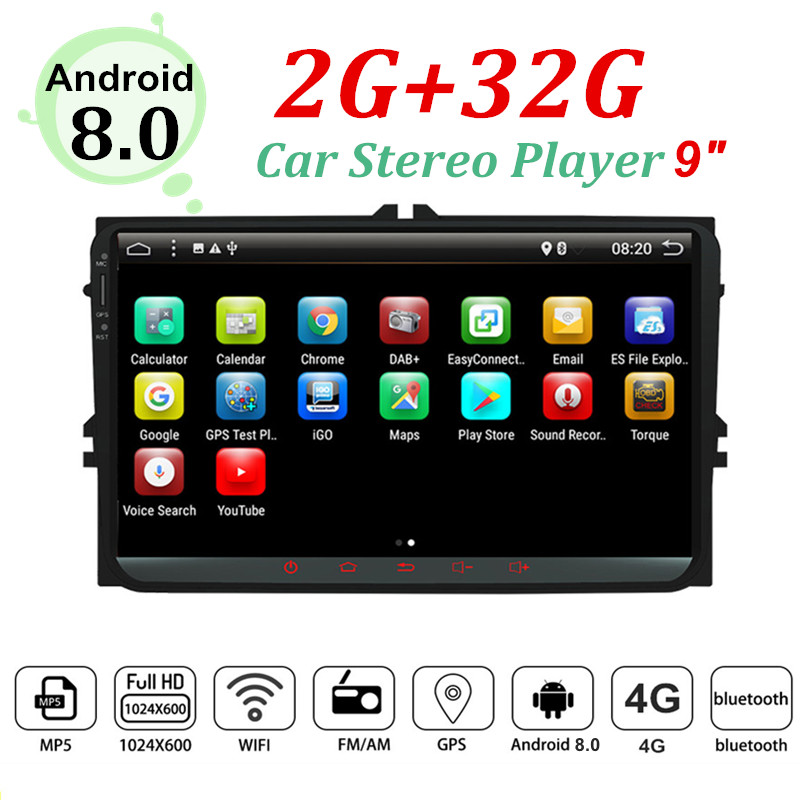 YUEHOO 9 Inch 2 DIN for Android 8.0 4 Core 2+32G Car Stereo Radio Player GPS Touch Screen 4G bluetooth FM AM RDS DAB+ for VW Skoda 