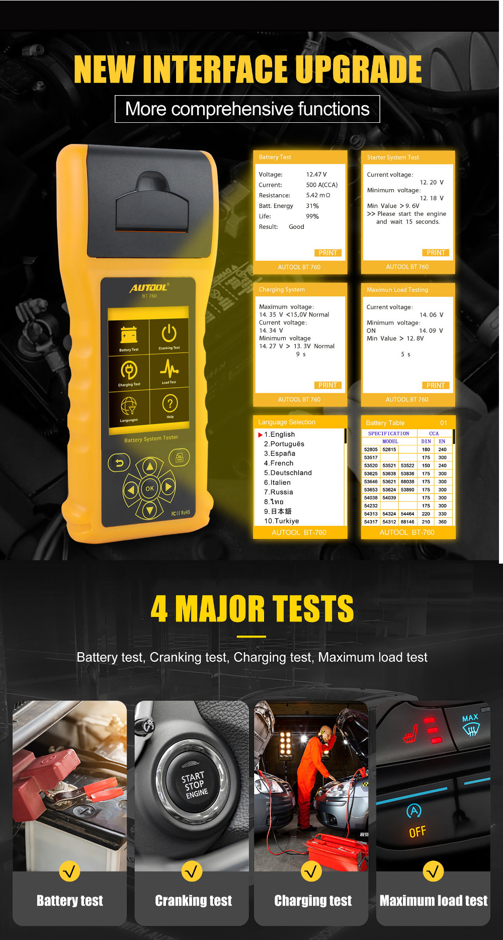 Autool BT760 Car Battery Tester Capacity Internal Resistance Analyzer 12V Support One-click Data Printing For Auto Trucks