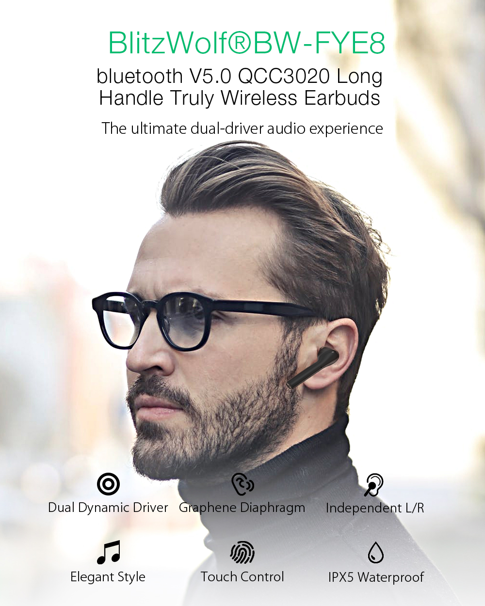 BlitzWolf® BW-FYE8 TWS bluetooth 5.0 Earphone QCC3020 Graphene Dual Dynamic Driver Touch Control Hands-free Headphone