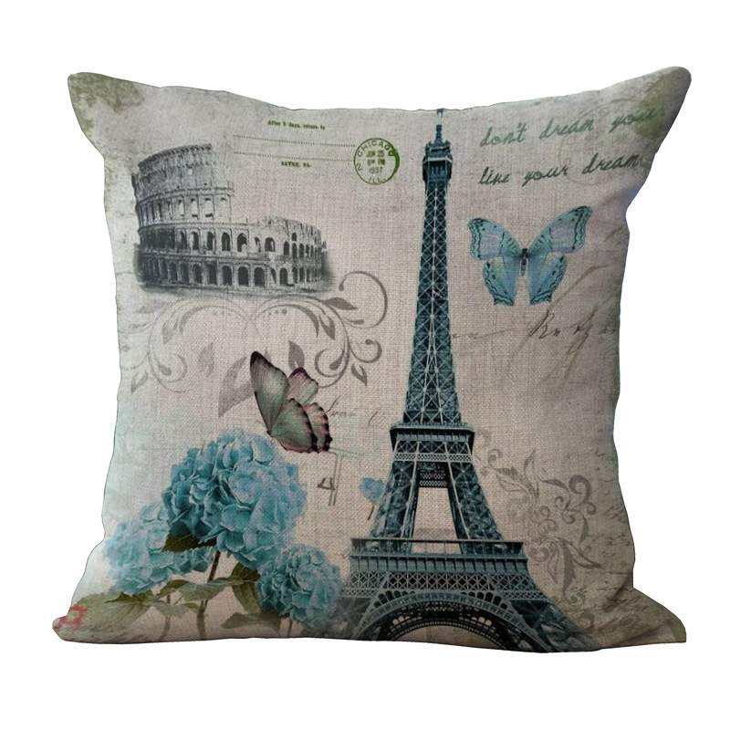 Paris Eiffel Tower Printed Pillow Case Linen Sofa Soft Cushion Cover