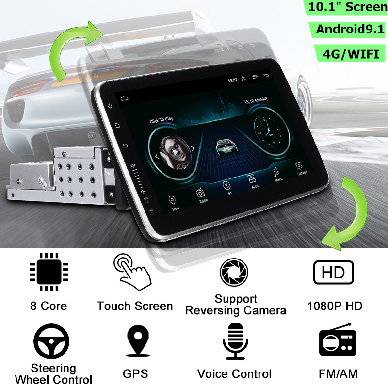 10.1 Inch 1DIN for Android 9.1 Car Stereo Radio 360 Degree Rotation Multimedia Player 8 Core 2+32G 2.5D IPS Screen GPS 4G WIFI FM AM