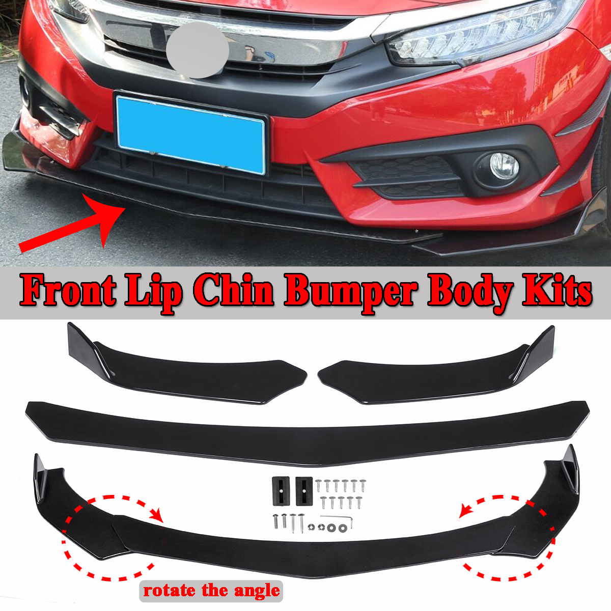 Universal Car Front Lower Bumper Lip Shovel Chin Body Kits Black Side Spoiler Protector Rotable