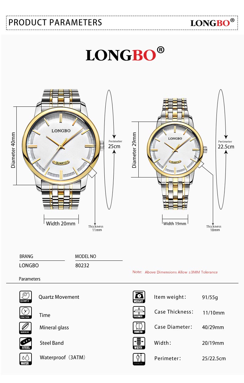 LONGBO 80232 Fahsion Business Style Correia de aço completa Homens de discagem simples Relógio de quartzo