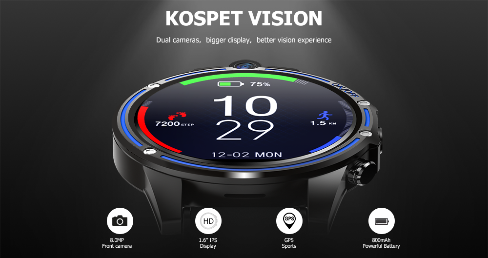 Kospet Vision 1.6' LTPS Crystal Display 3G+32G 5.0MP Front-facing Dual Camera 4G-LTE Video Call 800mAh Google Play Leather Strap Smart Watch Phone 