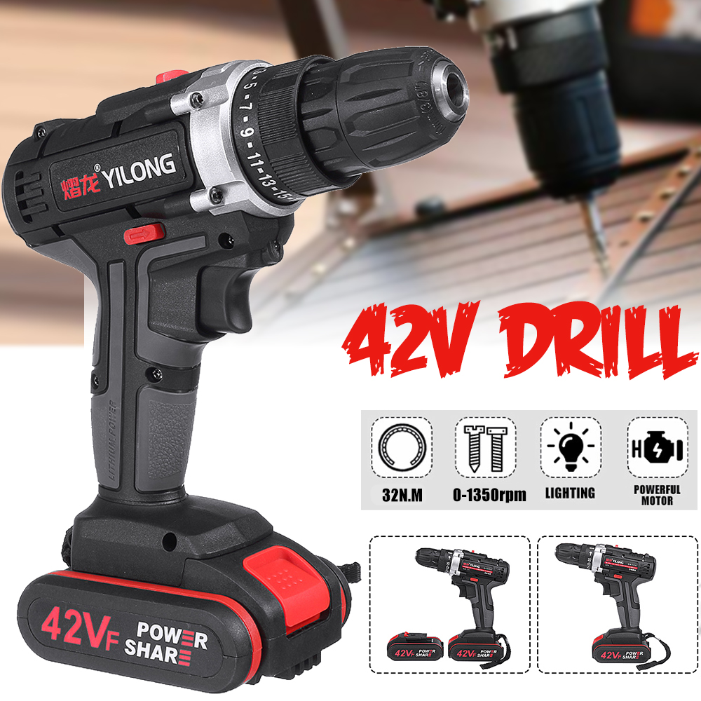 42V Rechargeable Electric Drill Household Impact Drill Electric Screwdriver Cordless Li-ion Drill Driver With LED light