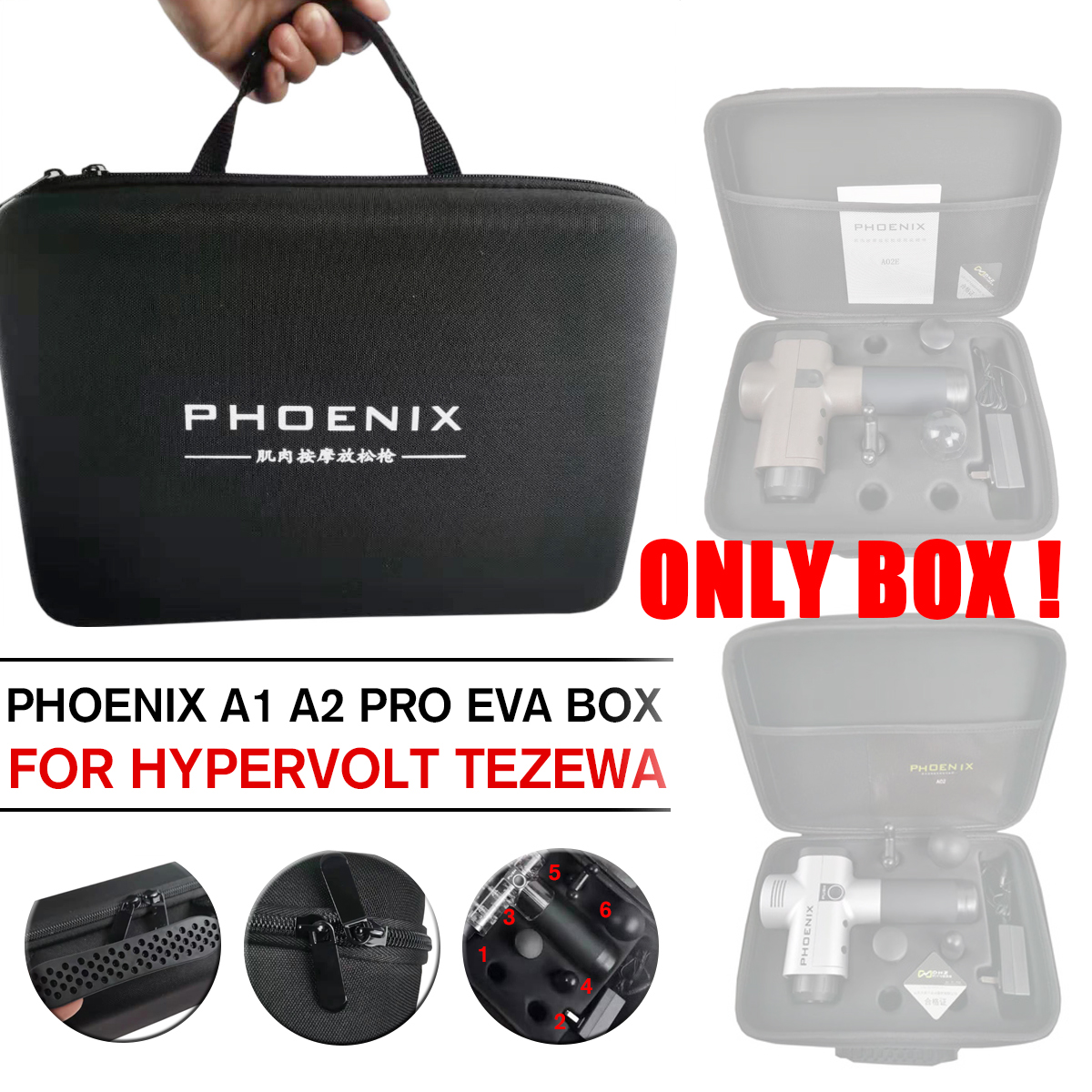 Electric Massager Storage Percussion Massager Case EVA Carrying Box Case with Six Massage Head Storage Positions For Phoenix A1 A2 For Hypervolt