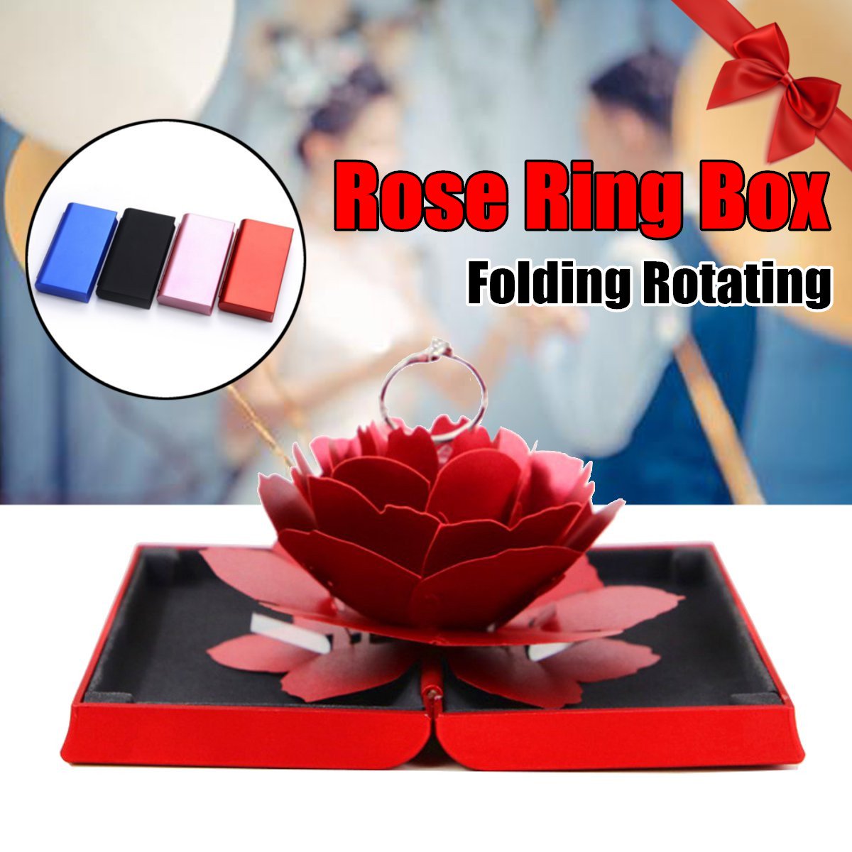 3D Folding Rotating Rose Ring Box Birthday Valentine's Day Jewelry Display 