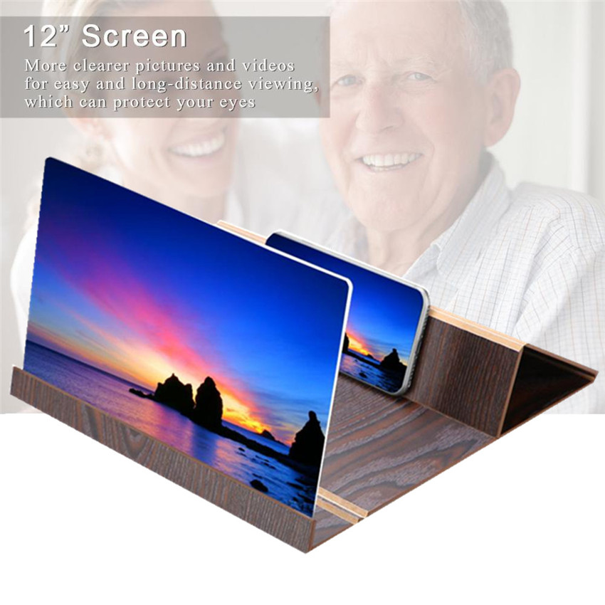 12 inch HD 3D Woodn Grain Phone Screen Magnifier Enlarge 3-4 Times Foldable Movie Video Screen Amplifier Lazy Desktop Mounts for all Cell Phone