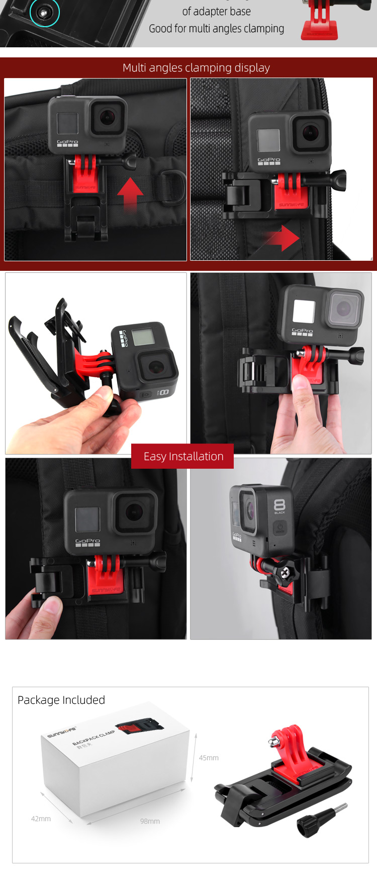 Sunnylife Universal Sports Camera Backpack Clamp Adjustable Clips for GoPro 8 / DJI Osmo Action / Osmo Pocket - Photo: 3