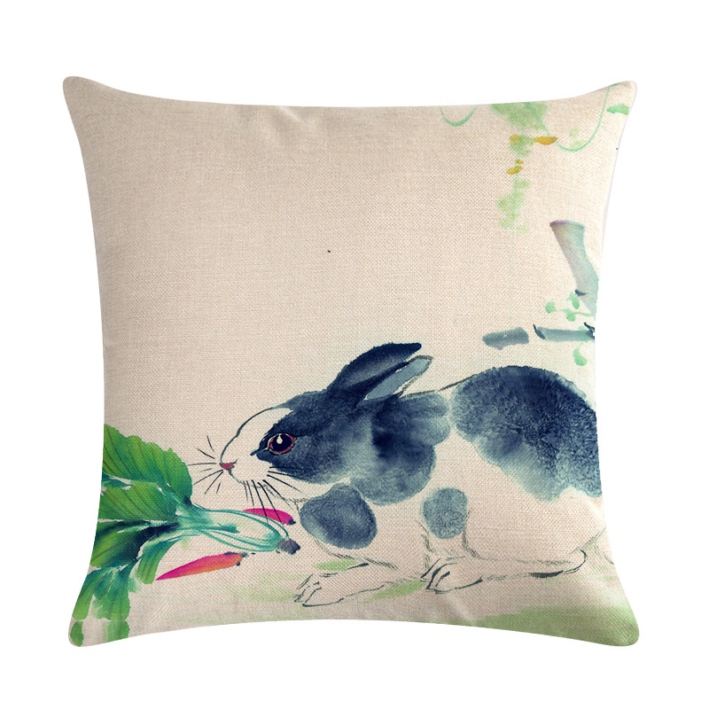 Chinese Watercolor Rabbit Printing Linen Cotton Throw Pillow Cover Home Sofa Office Seat Pillow Case