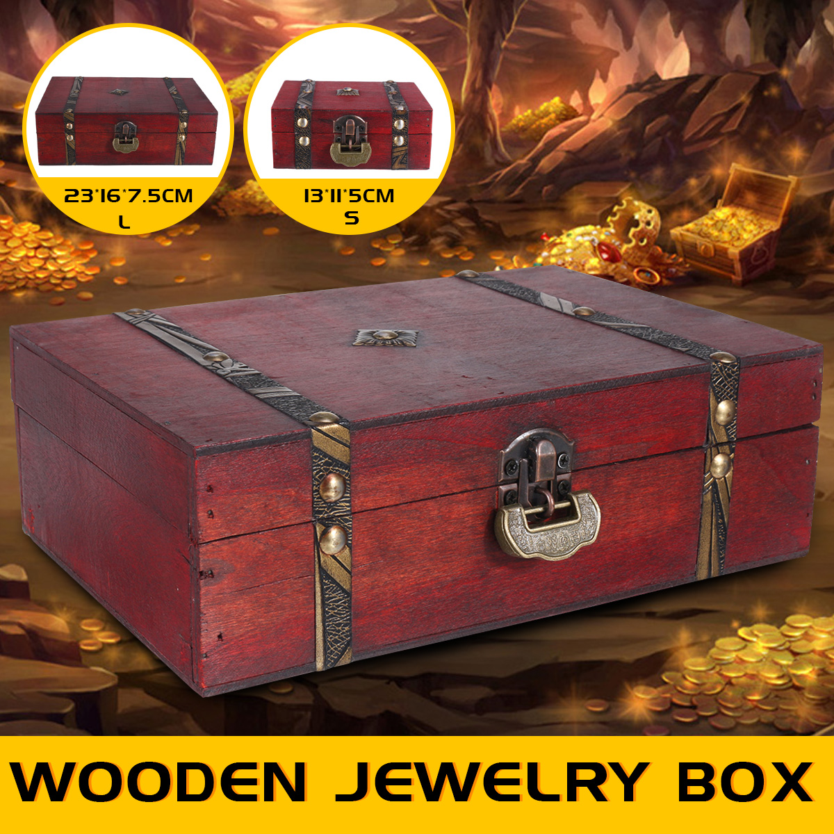Wooden Vintage Treasure Chest Wood Jewelry Ring Storage Box Case Organiser Gift Case with Lock Home Decor