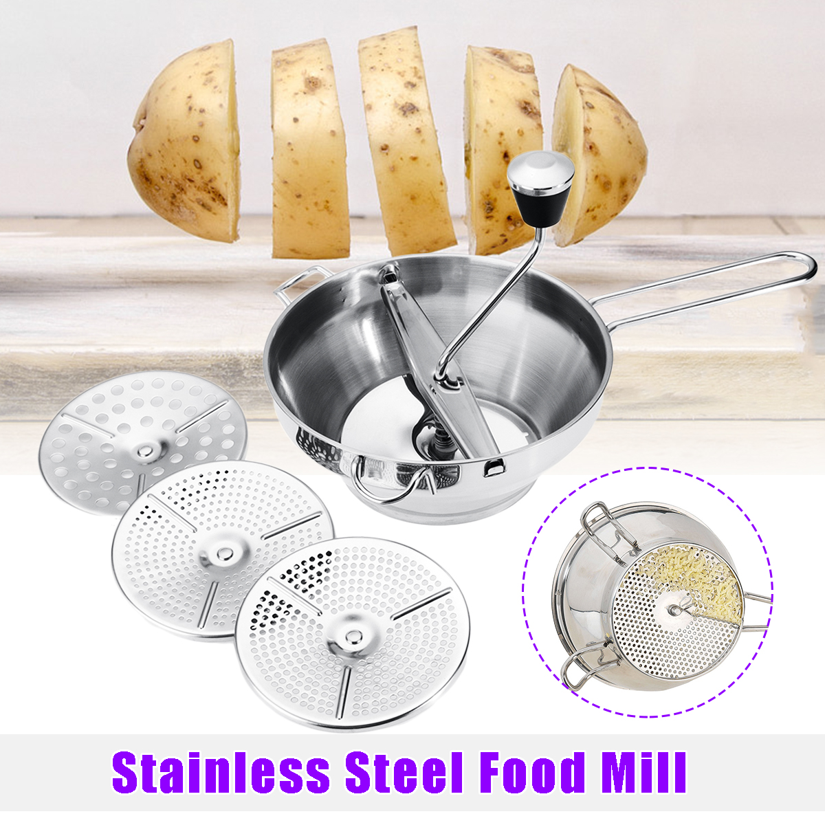 Stainless Steel Food Mill Metal Vegetable/Carrot/Tomato/Potato/Rice Mixer Maker Cutter