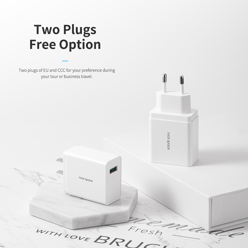 ROCK 18W QC3.0 Fast Charging USB Charger Adapter For iPhone XS 11 Pro Huawei P30 Pro Mate 30 Mi9 9Pro With Type C Data Cable