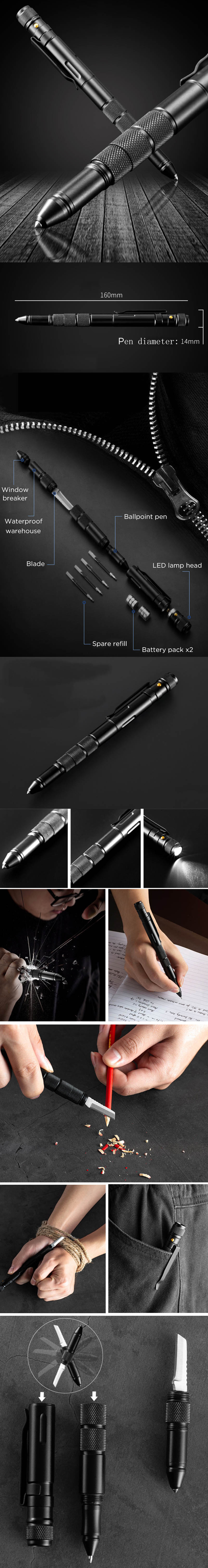 T06 Multi-functional Self Defensive Tactical Pen With Emergency LED Light Whistle Window Glass Breaker Cutter for Outdoor Survival