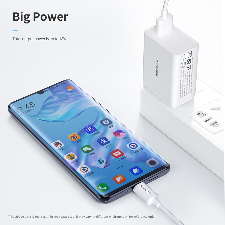 ROCK 18W QC3.0 Fast Charging USB Charger Adapter For iPhone XS 11 Pro Huawei P30 Pro Mate 30 Mi9 9Pro With Type C Data Cable