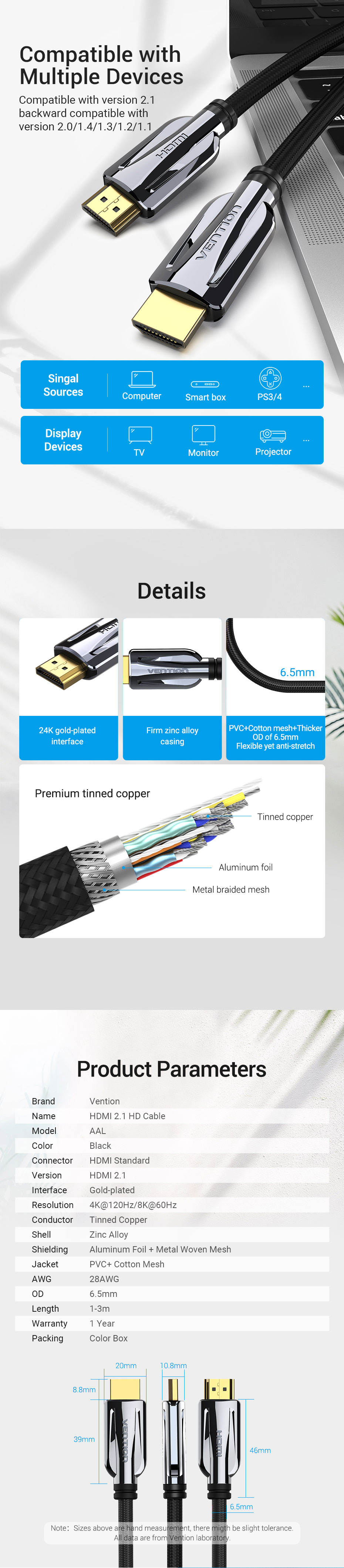 Vention HDMI 2.1 Cable 8K@60Hz High Speed 48Gbps HDMI Cable for Apple TV PS4 High Definition Multimedia Interface Cable HDMI