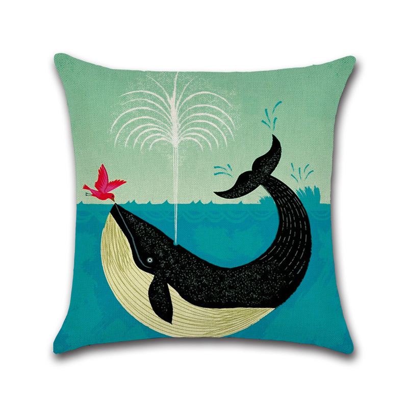Sea Turtle Crab Whale Cotton Linen Cushion Cover Cartoon Color Water Printed Square Pillow Case