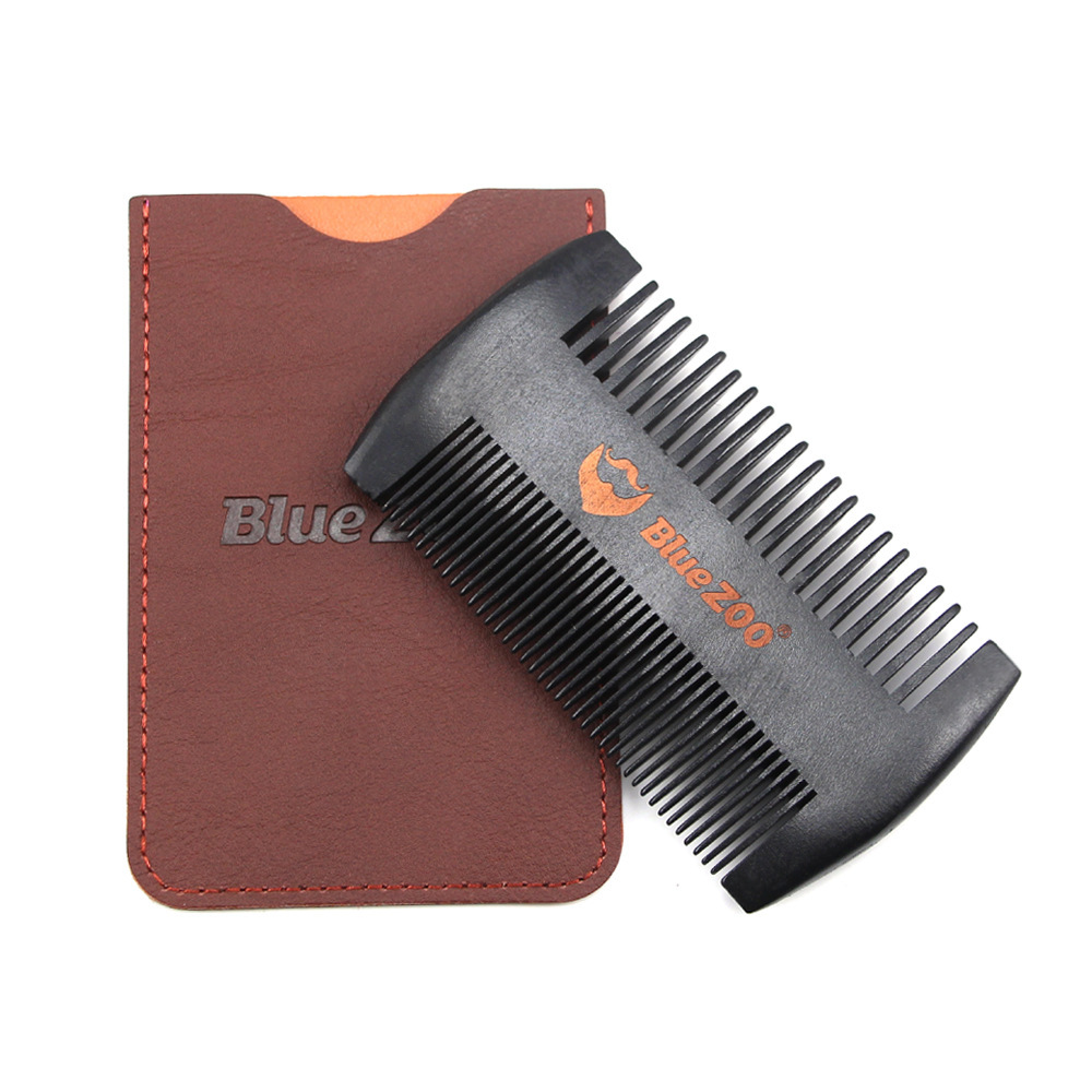 Pear Wood beard double comb + PU leather bag anti-static beard care comb men's portable hair brush