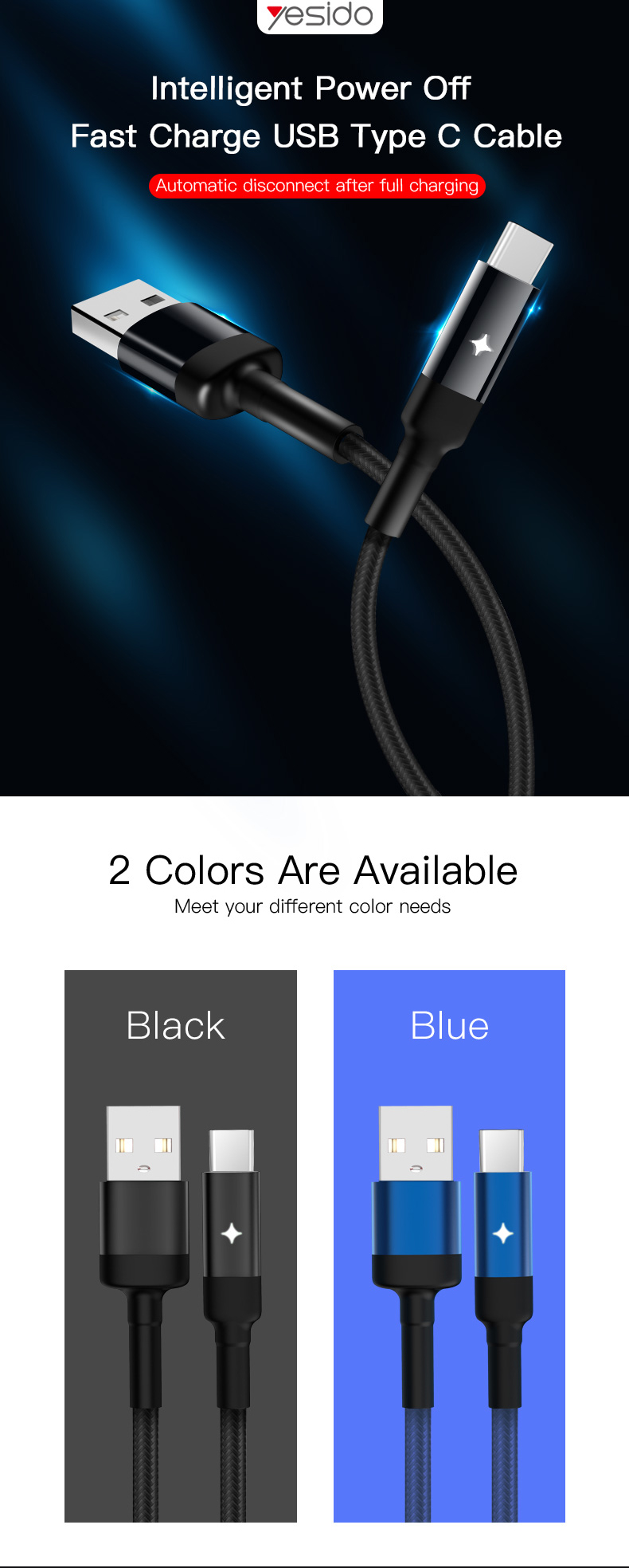 Yesido CA28 LED Smart Power Off USB Type C Cable Fast Charging Data Cable For Samsung S10 S9 Huawei LG