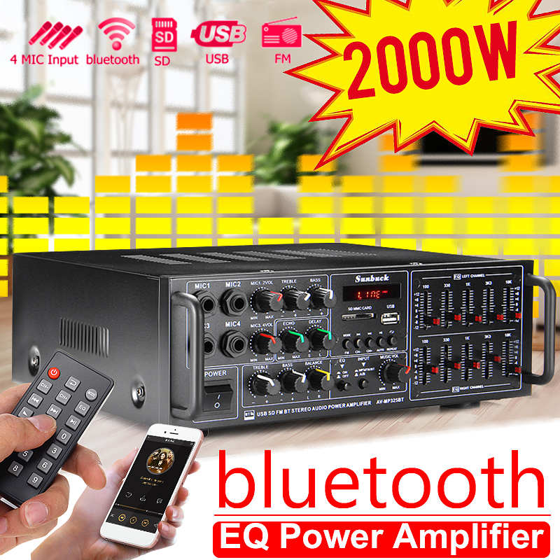 326BT 2000W bluetooth Stereo Audio Power Amplifier Dual Channel USB SD FM FM Radio EQ with Remote Control 220V-240V for Home