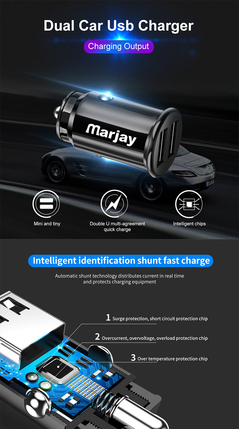 Marjay 3.4A Dual USB Port Fast Charging Mini Car USB Charger For iPhone X XS Oneplus 7 Pocophone HUAWEI P30 Mate20 MI9 S10 S10+ 