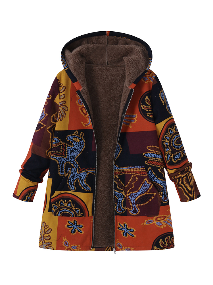 Ethnic Floral Printed Hooded Pockets Jackets Coats for Women