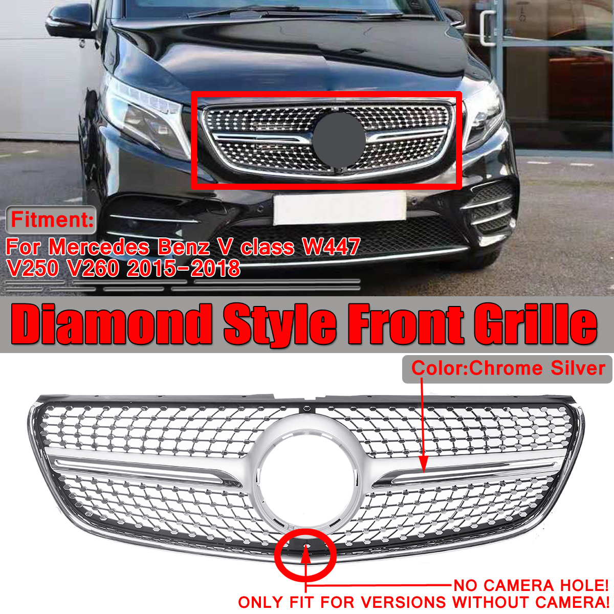 Silver Diamond Style Front Bumper Grille Grill For Mercedes Benz V class W447 15-18