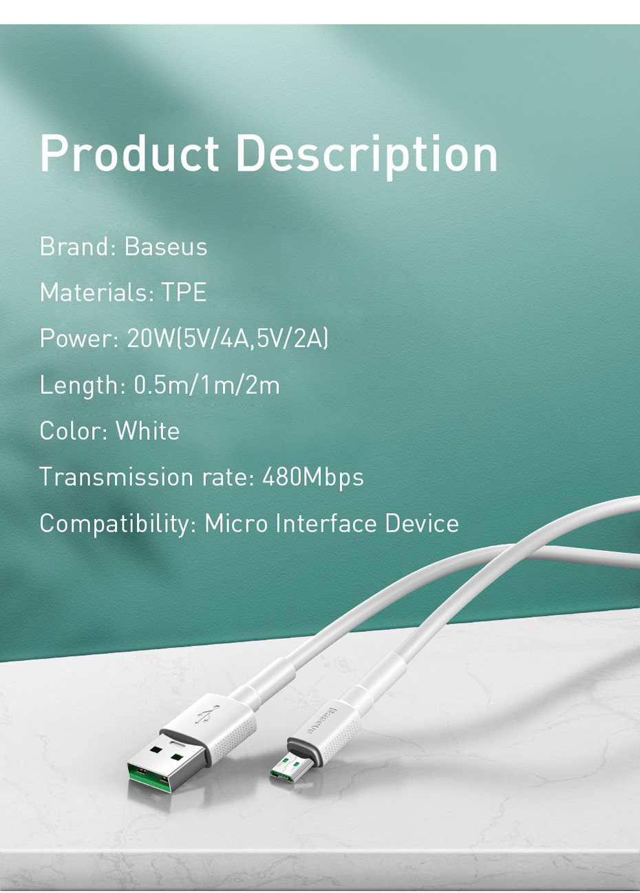 Baseus VOOC Dash Charging 20w Quick Micro USB Data Cable for Find 7 Series N3 