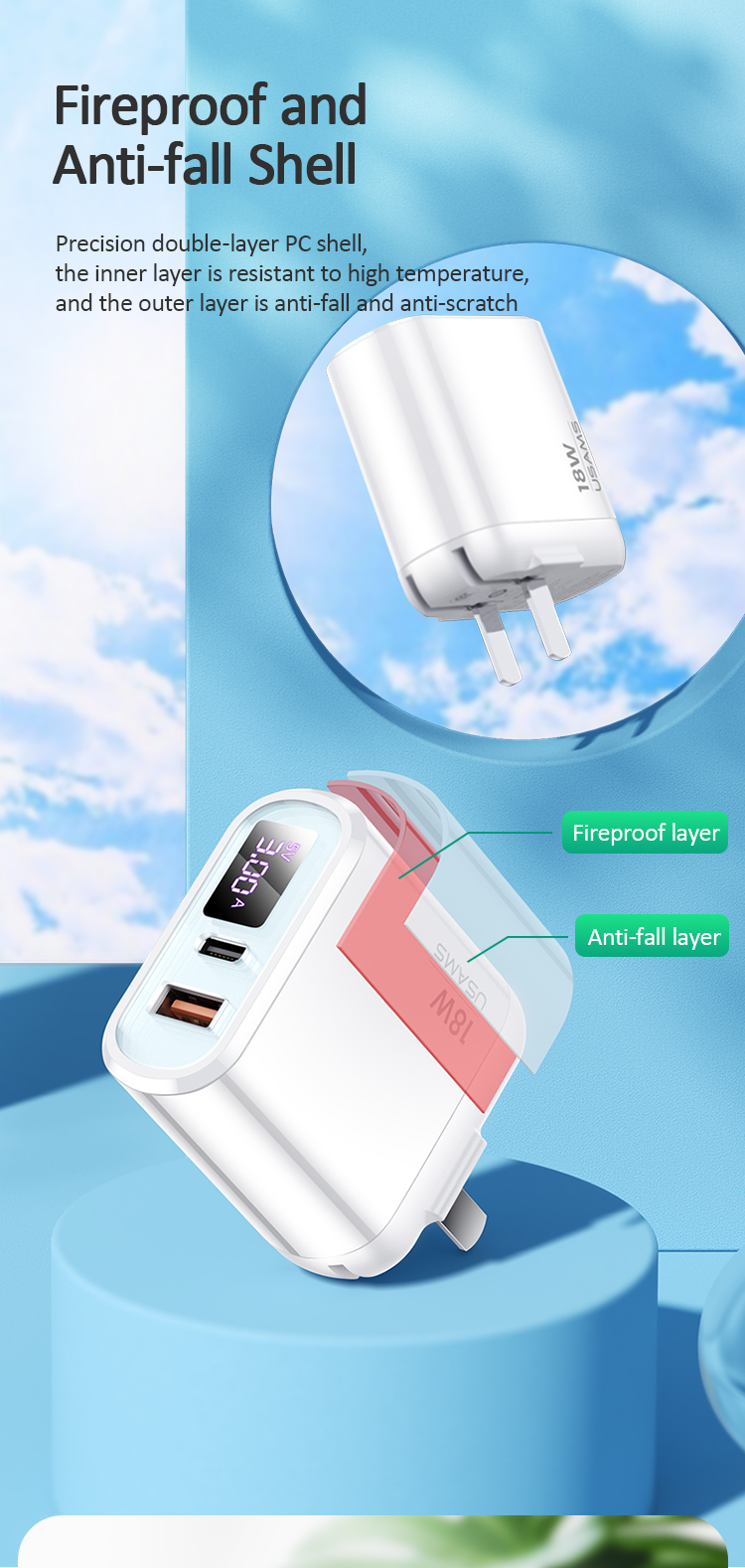 USAMS T30 18W QC3.0 PD3.0 Digital Display Fast Travel USB Charger for Samsung S10 for iPhone 11 Pro Max Huawei LG