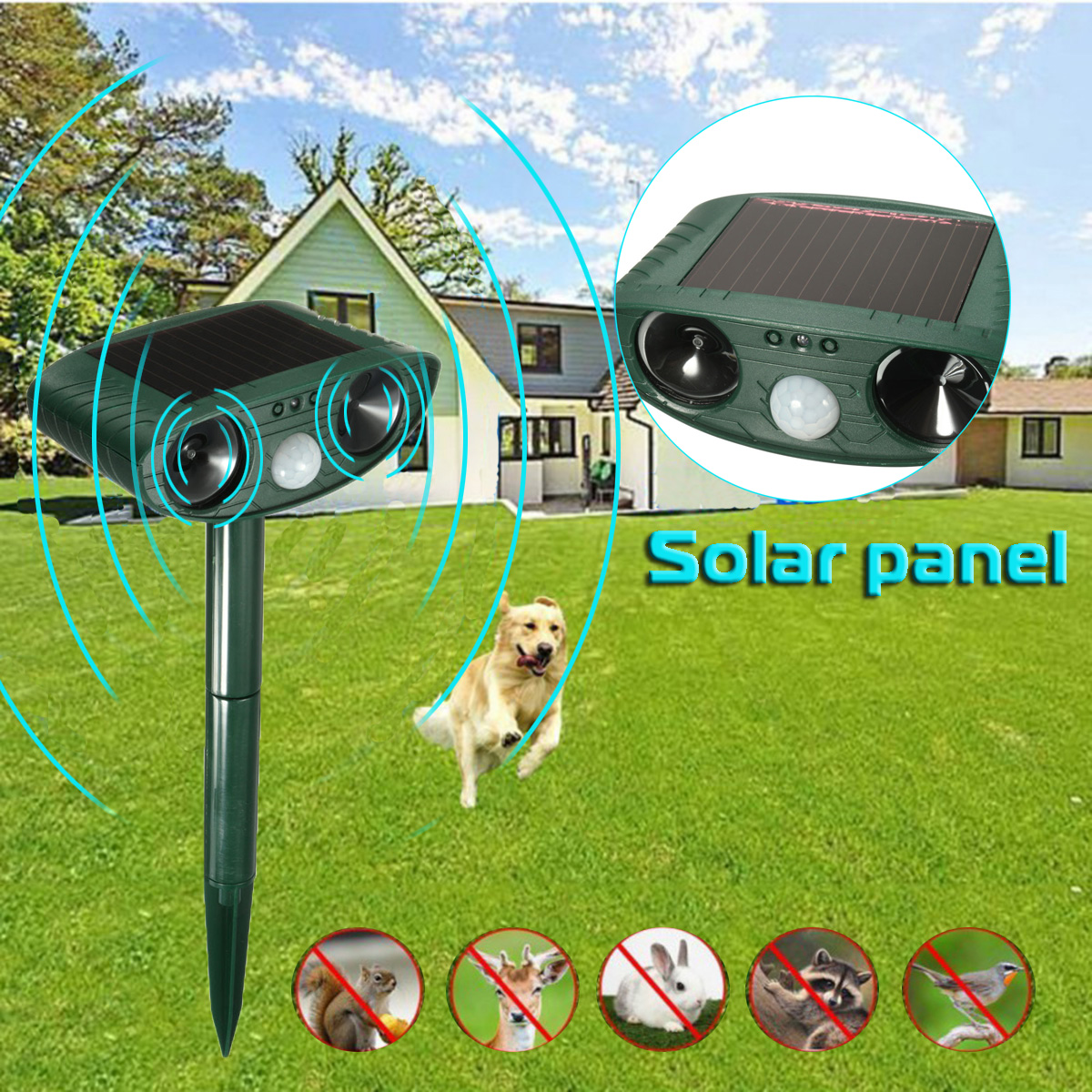 Outdoor Garden Solar Ultrasonic Repeller PIR Pest Animal Mouse Fox Cat Dog Repellent