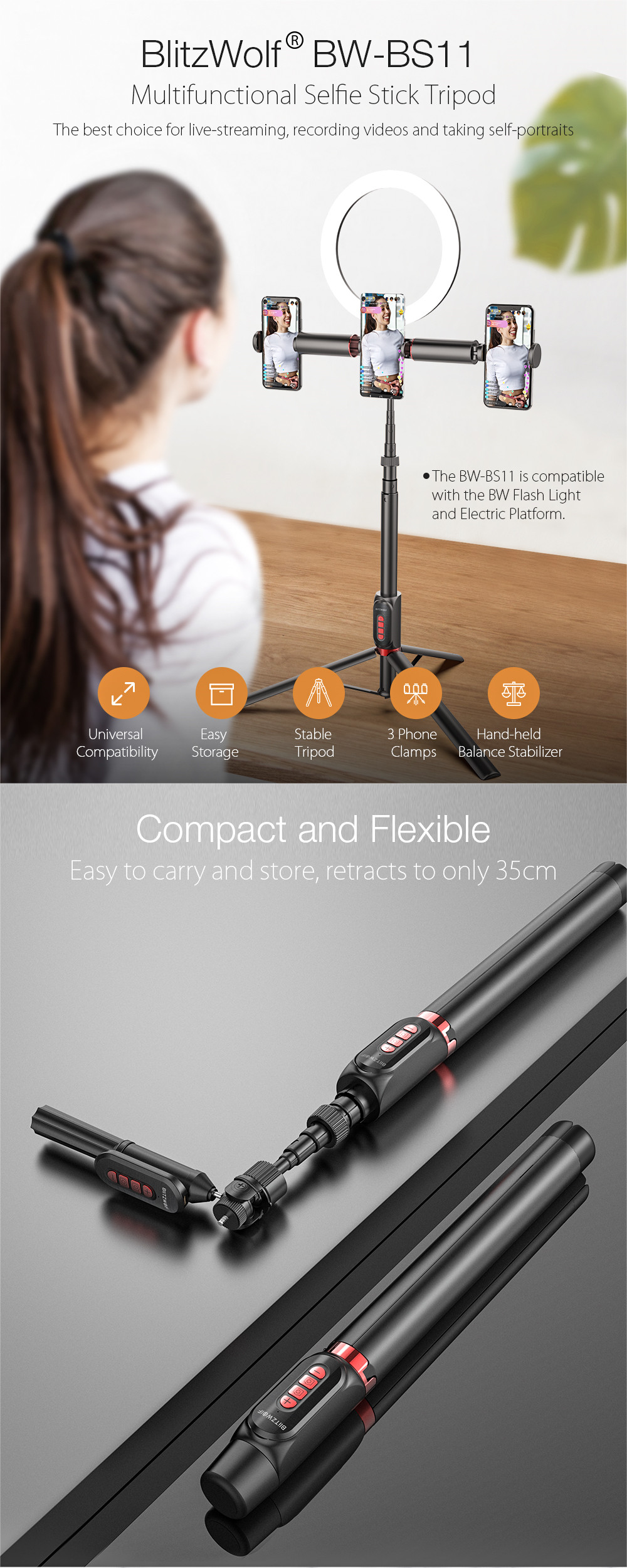 BlitzWolf® BW-BS11 All In One bluetooth Remote Live Light Tripod Multifunctional Selfie Stick for YouTube Tiktok Makeup Phone Camera