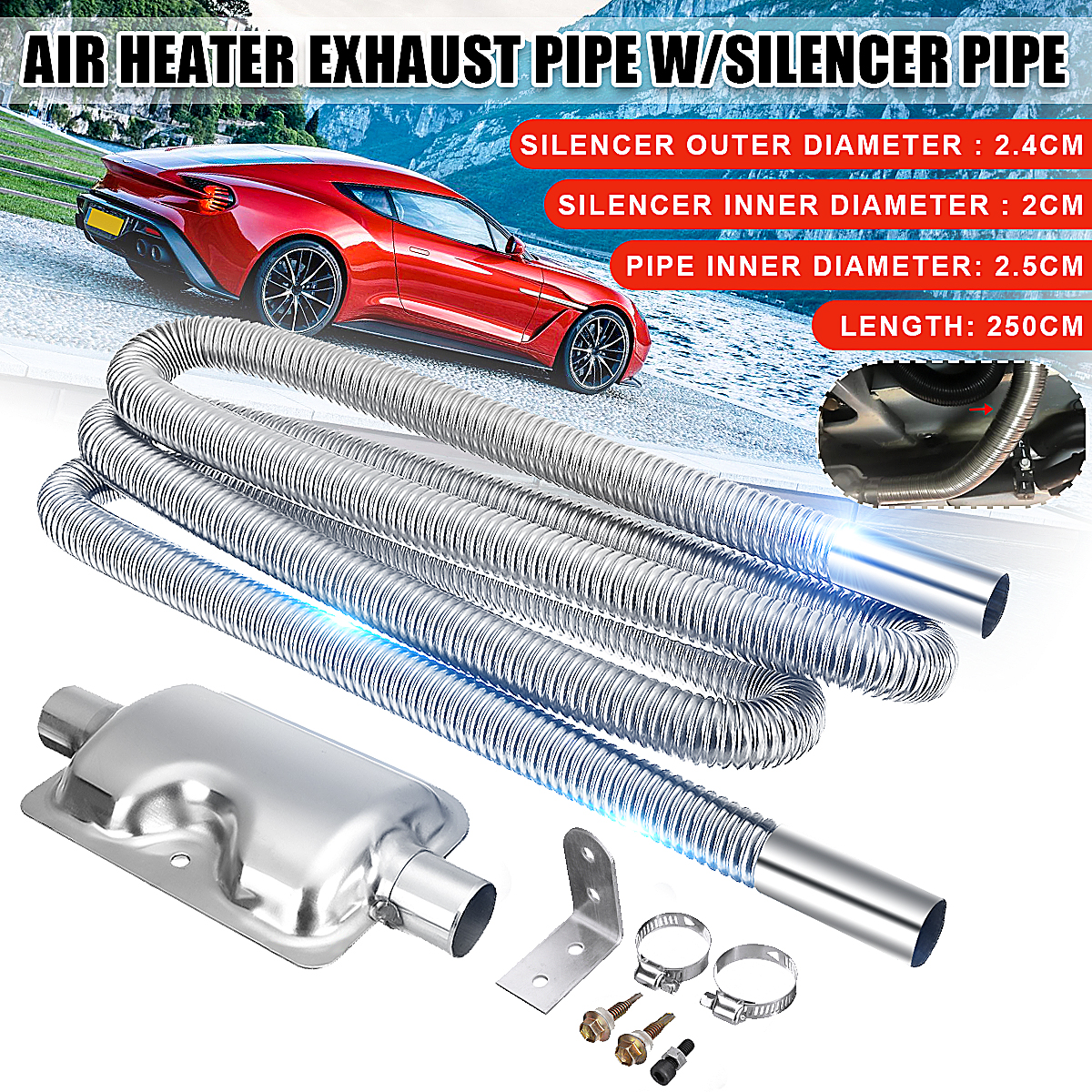 250cm Stainless Steel Exhaust Pipe W/Silencer For Parking Air Diesel Heater