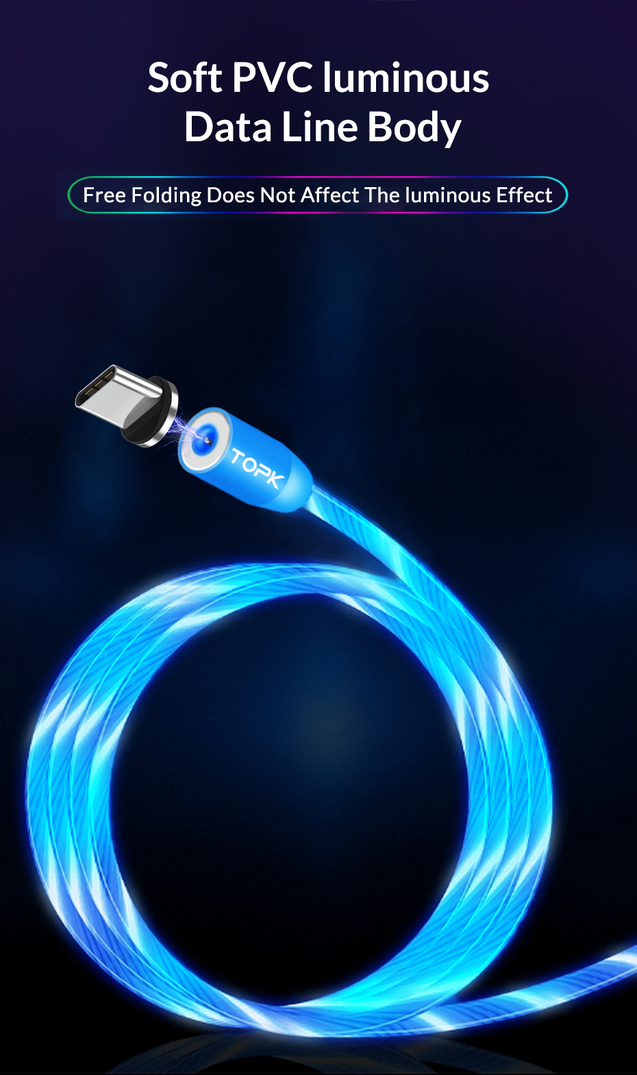 TOPK Flow Glow Magnetic Micro USB Data Cable for HUAWEI OPPO VIVO 