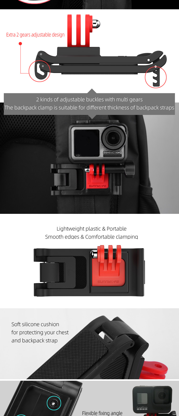 Sunnylife Universal Sports Camera Backpack Clamp Adjustable Clips for GoPro 8 / DJI Osmo Action / Osmo Pocket - Photo: 2