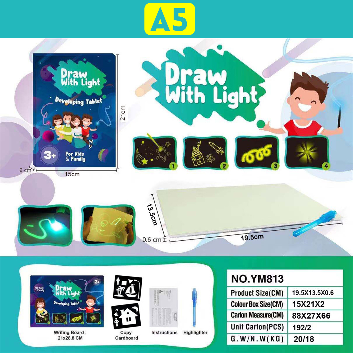 A3 A4 A5 Size 3D Children's Fluorescent Drawing Board Toy Draw with Light Fun for Kids Family
