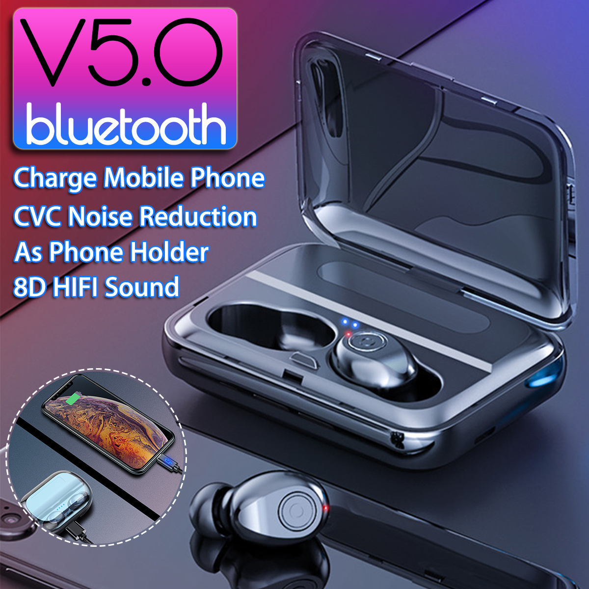 Mini Dual bluetooth 5.0 TWS Wireless Stereo Earphone Noise Reduction Light Display Headphones for 