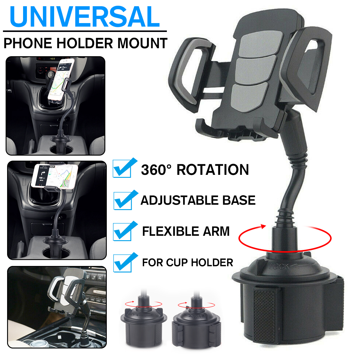 Universal 360° Adjustable Car Mount Gooseneck Cup Car Phone Holder Cradle For Cell Phone