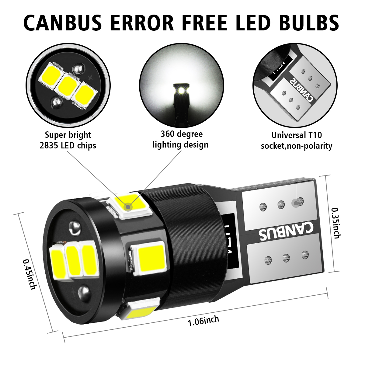 Audew T10 W5W Car 2835 SMD LED Side Marker Lights Parking Interior Bulbs Canbus Error Free 2.7W 4882K Xenon White 10Pcs 