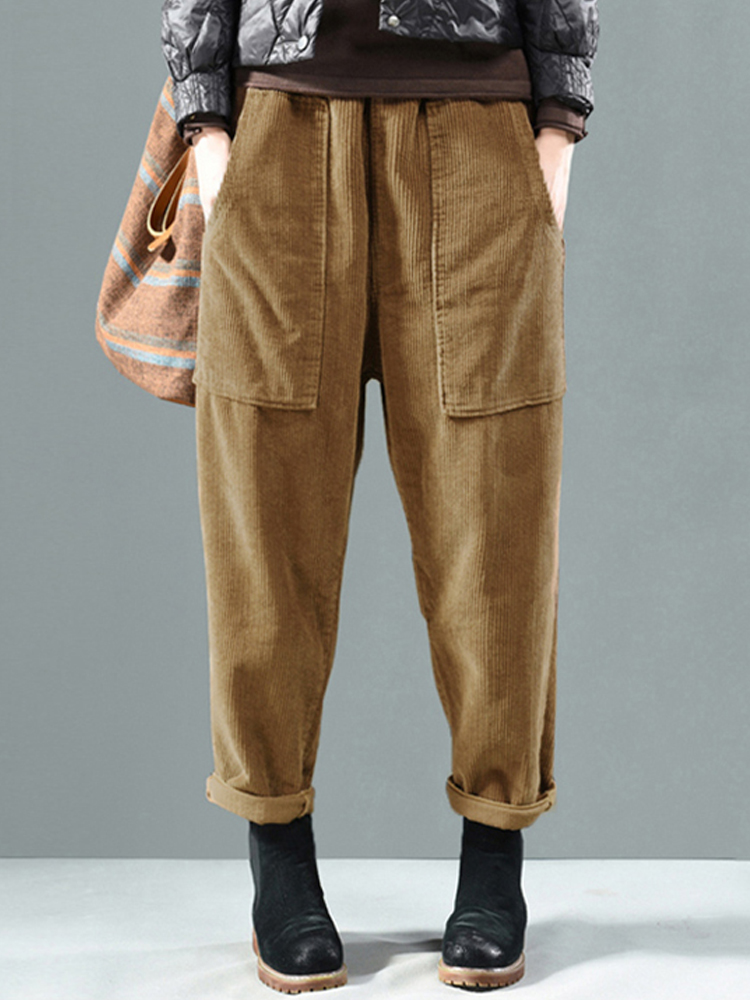 Corduroy Elastic Waist Solid Color Side Pocket Harem Pants