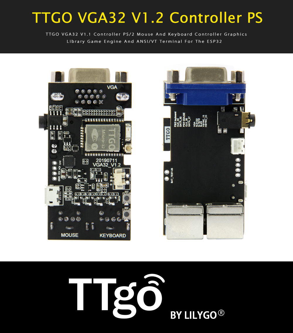 LILYGO® TTGO Controlador VGA32 V1.1 PS / 2 Controlador de mouse e teclado Biblioteca de gráficos Motor de jogo Terminal ANSI / VT Para ESP32
