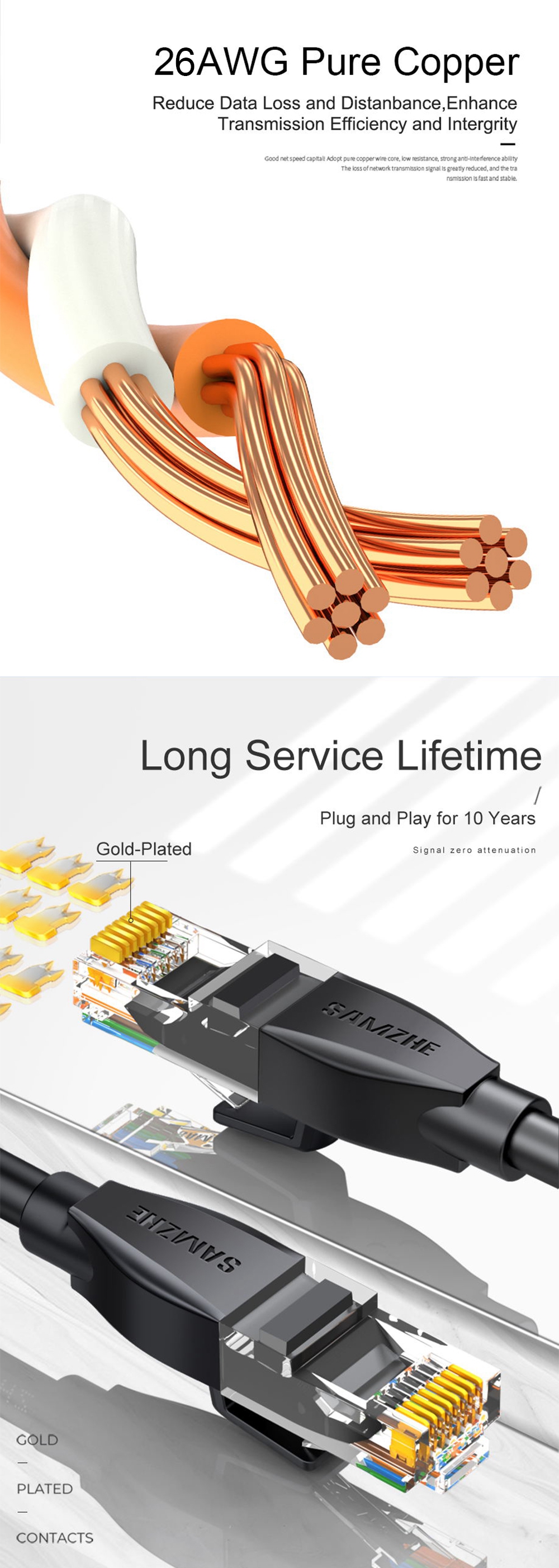 SAMZHE TZB-6015 0.5m / 2m / 10m Networking Cable RJ45 Cat 6 Ethernet Cable Gigabit Network Patch Cord LAN Networking Cable Adapter for PC Computer Oxygen Free Copper Project