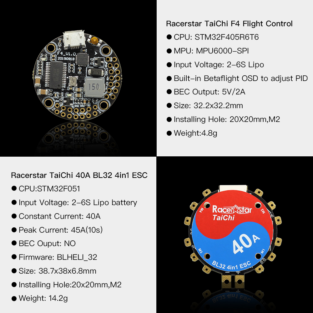 20x20mm Racerstar TaiChi Round Stack F4 OSD 2-6S Flight Controller AIO BEC & 40A BL_32 4in1 ESC for RC Drone FPV Racing - Photo: 6