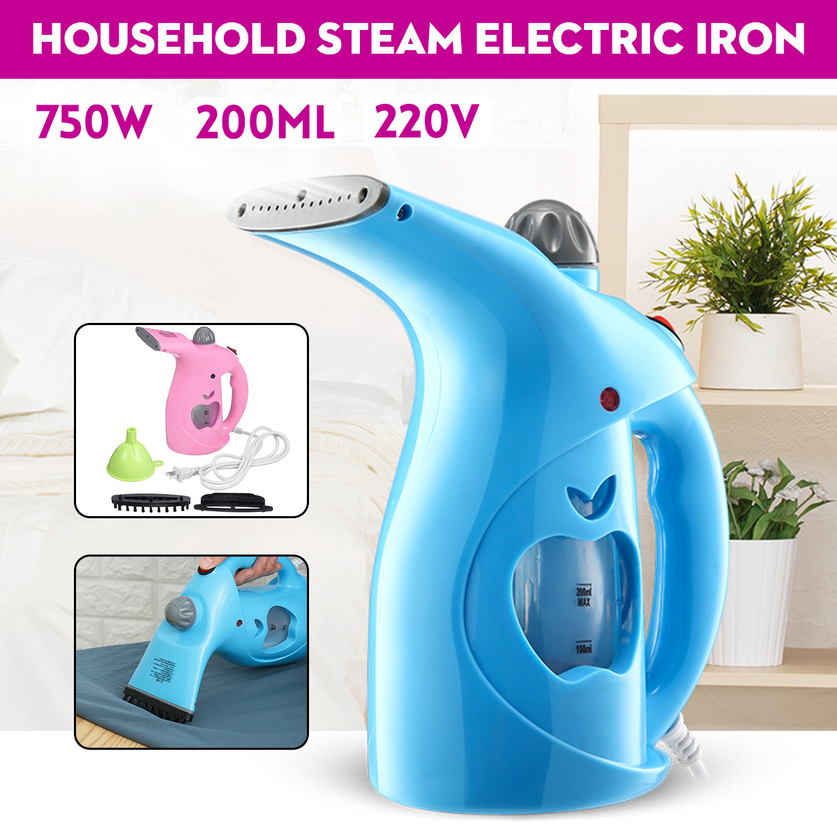 220V 3 in 1 Portable Electric Steam Iron Handheld Clothes Steamer Brush 200ML