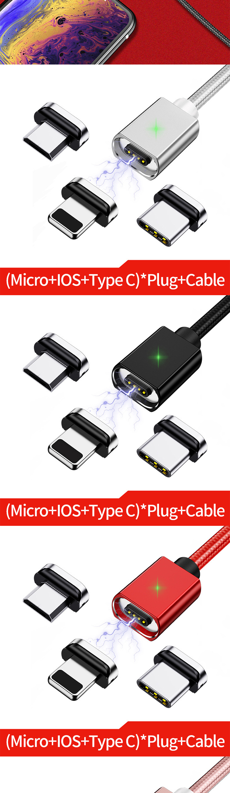 Marjay 3A Type C Micro USB Magnetic LED Indicator Data Cable For Huawei P30 Pro Mate 30 Mi9 7A 6Pro 9Pro S10+ Note10