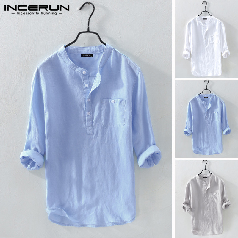 Mens Linen Casual Roll Sleeve Loose Buttons Pullover Henley Shirts