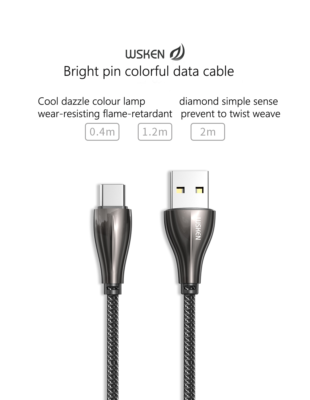 WSKEN 3A Type-C LED Colorful Lights Fast Charging Braided Data Cable From System For Huawei P30 Pro Mate 30 9Pro Mi9 S10+ Note10