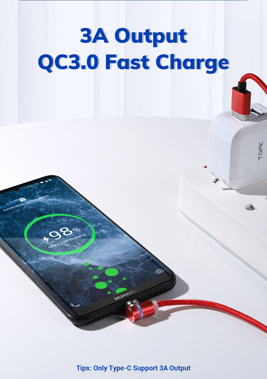 TOPK 3A Type C Micro USB 90 Degree Fast Charging Magnetic Data Cable For Huawei P30 Pro Mate 30 Mi9 7A 6Pro S10+