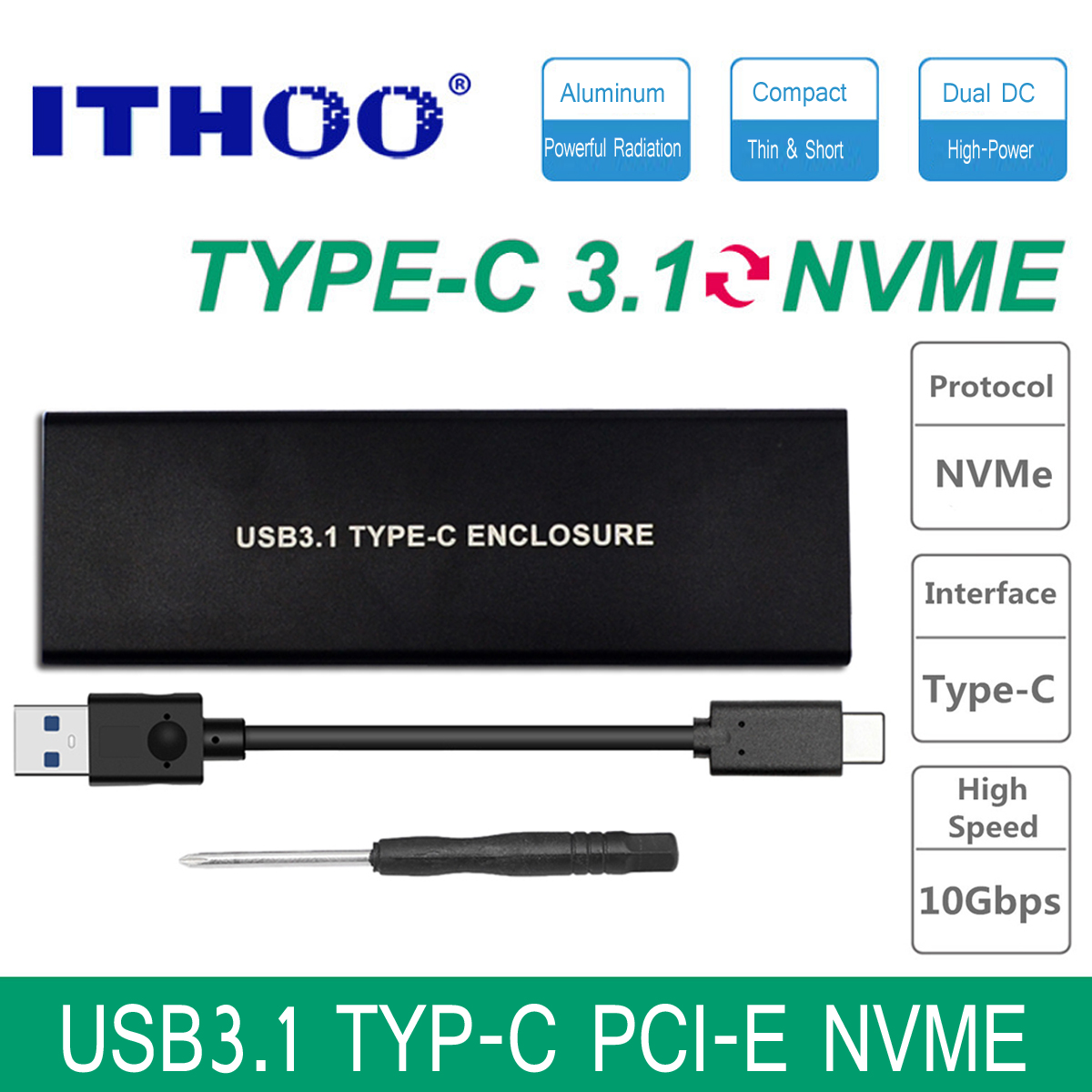 ITHOO NVME USB3.1 TO PCI-E NVNE NGFF SSD HDD Enclosure C3.1 M.2 to USB Hard Drive Enclosure