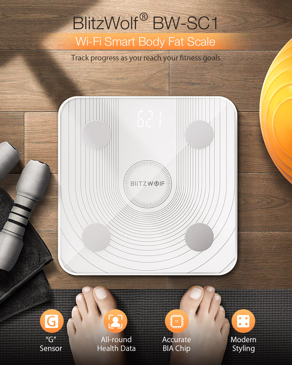 BlitzWolf® BW-SC1 WiFi Smart Body Fat Scale APP Control BMI Data Analysis with 13 Body Metrics Digital Weight Smart Scale